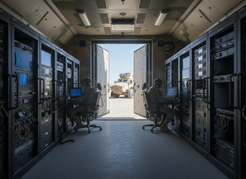Shelter de commandement militaire avec systèmes électroniques embarqués protégés