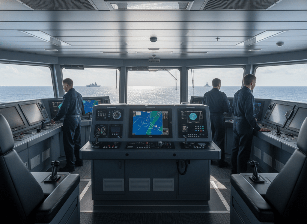 Poste de commandement naval avec consoles radar et systèmes de communication